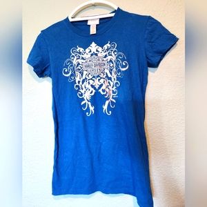 Harley Davidson Womens Shirt Small Blue Silver Iridescent Motorcycle Arkansas.